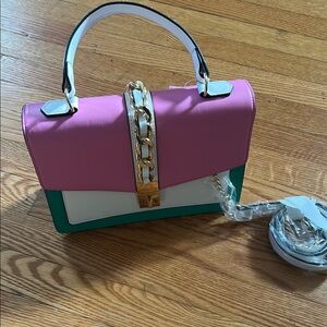 Aldo Pink, Green, and White Satchel with Gold Chain